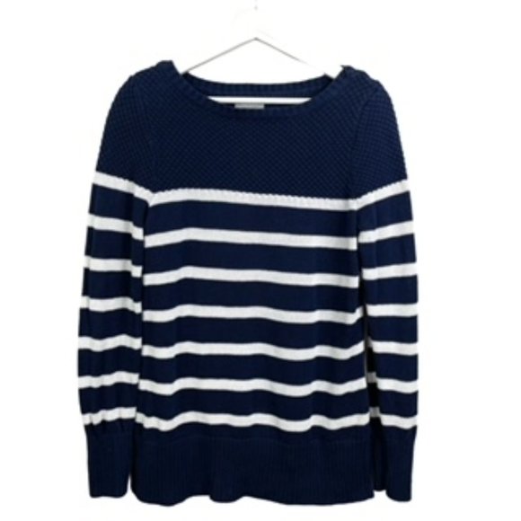Kennar Sweaters - Kennar Womens M Navy Blue White Striped Long Sleeve Sweater Cozy Knit Nautical